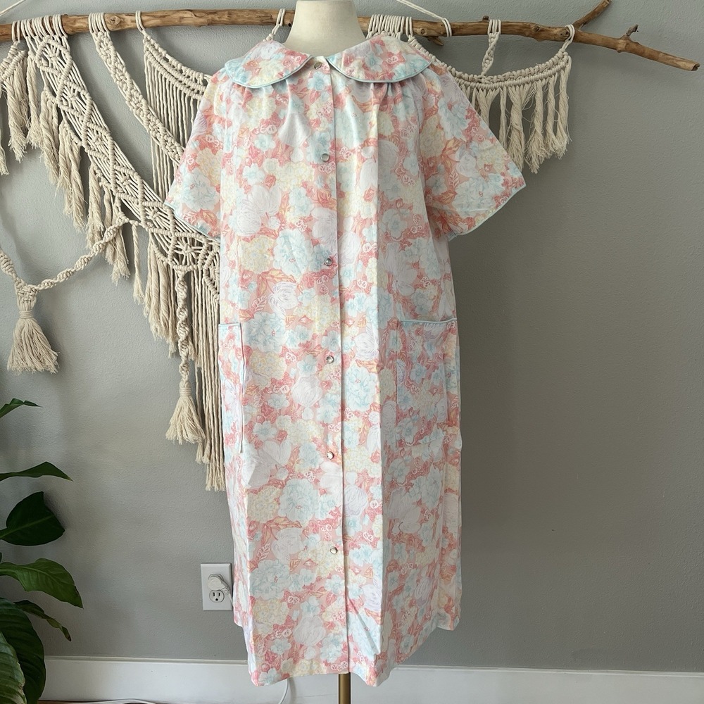 Coffee Time Designer Floral Ruffle Trim Muumuu House Dress Vintage Robe Large